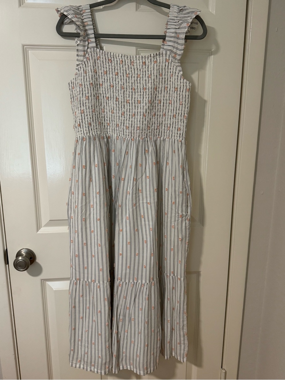 Loft White Striped Sundress with Peach Floral Dots